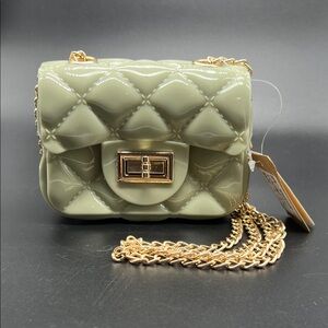 Quilted Jelly Mini Crossbody Bag – Sage Green with Gold Chain